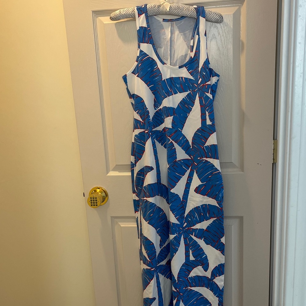 Blue and White Tropical Print Maxi Dress